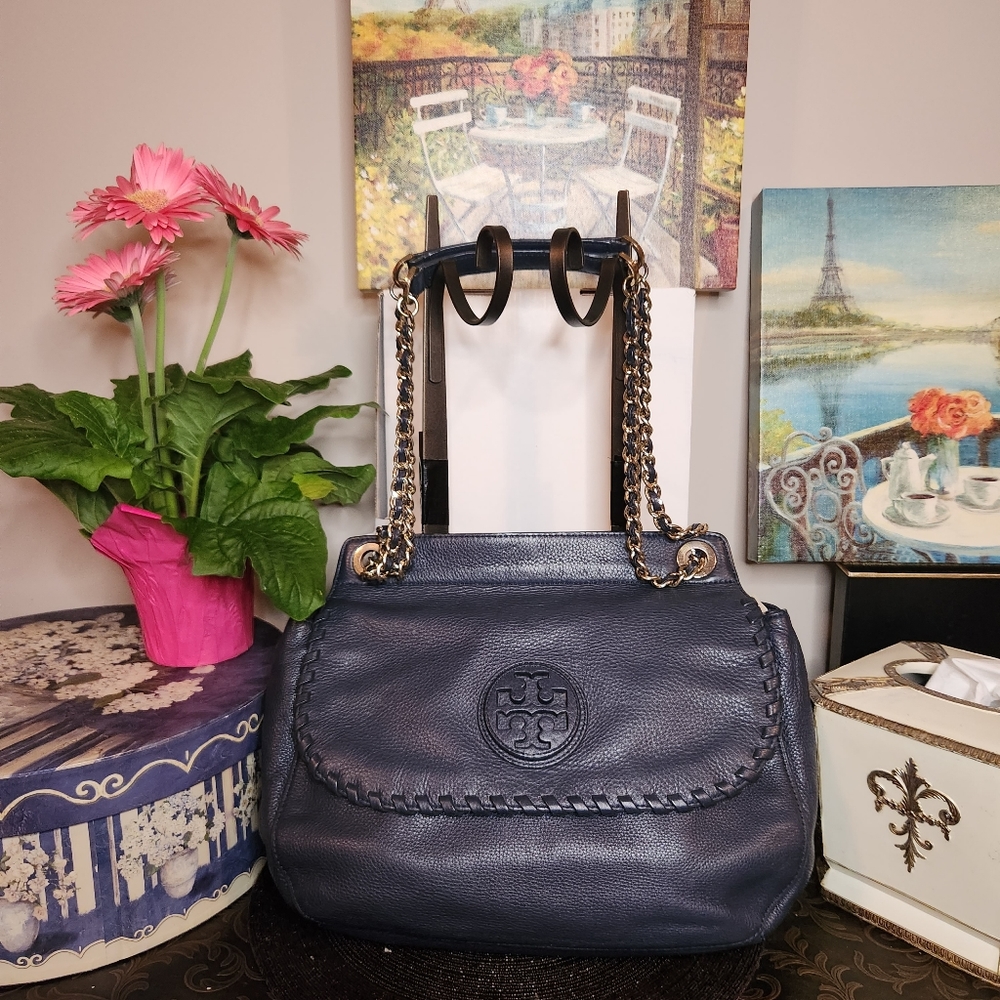 Tory Burch Marion Saddle Chain Leather Blue Bag